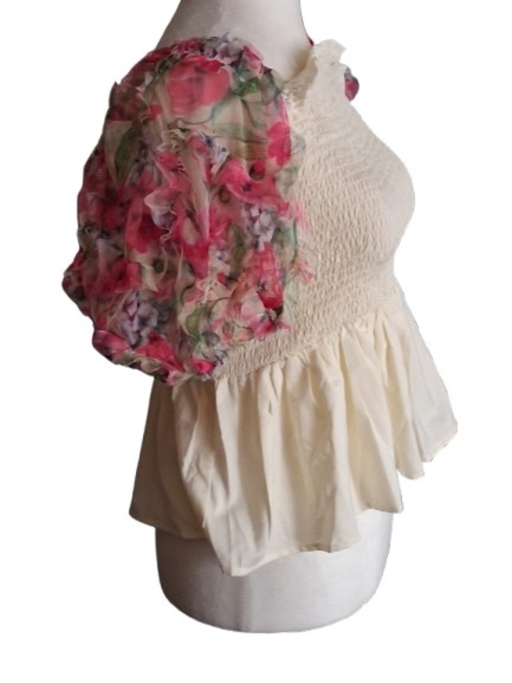 NWT Wishingwaves Cream Peplum Top with Pink Floral Puff Sleeves,Medium